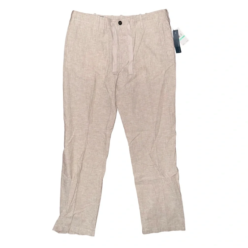 💙 NWT Perry Ellis Tan Linen Blend Chinos Pants Minimalist Coastal Quiet Luxury